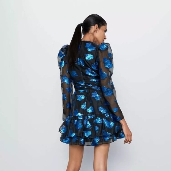 Zara Black Organza Sheer Mini Dress Blue Long Sleeve Tiered Skirt Floral Ruffle - Picture 3 of 11